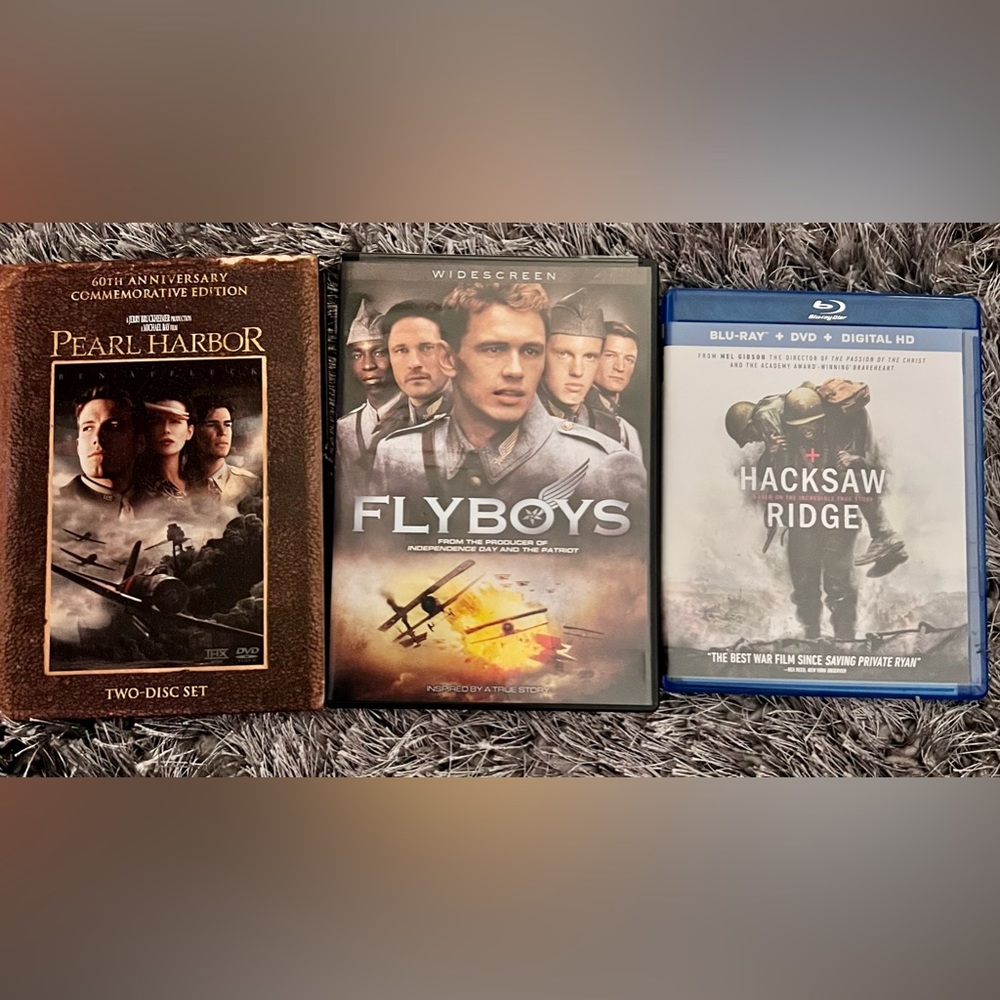 3 DVD set of war themed movies: Pearl Harbor, Fly Boys, and Hacksaw Ridge
